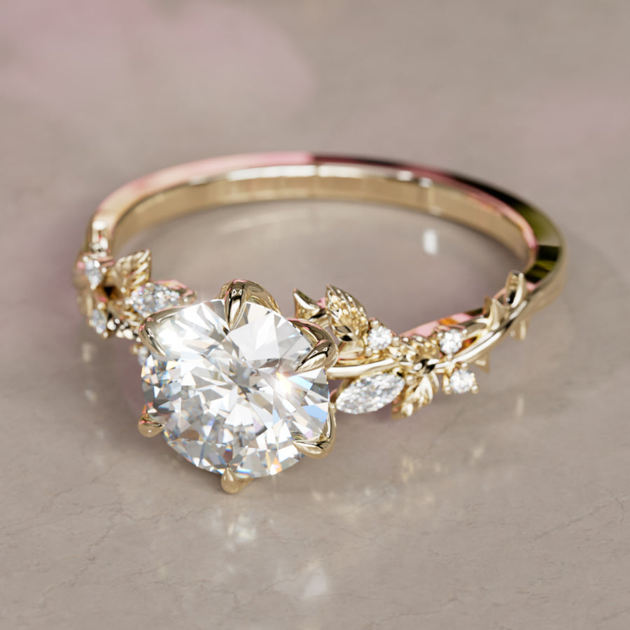 Rosewood Round Lab Diamond Engagement Flower Ring Nature Inspired By Valley Rose