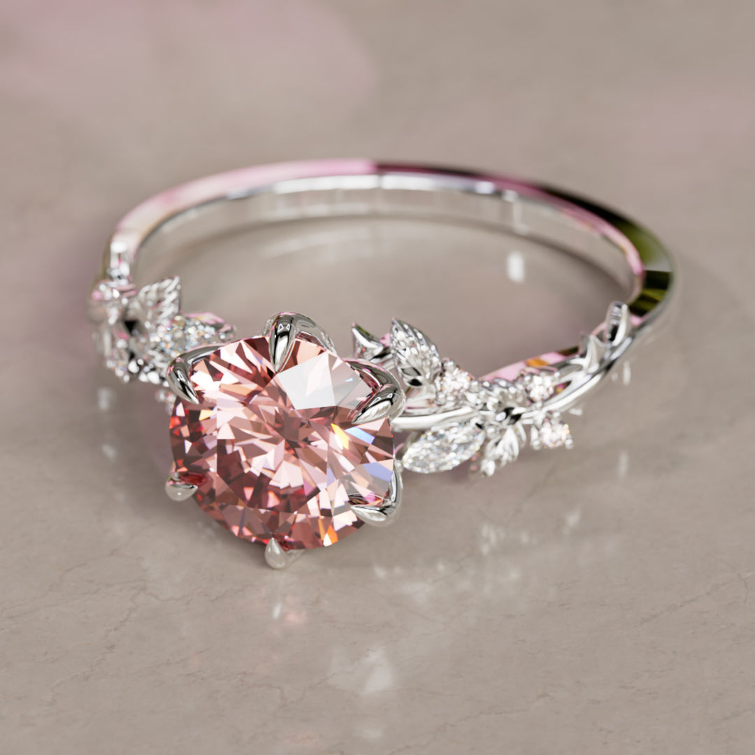 Rosewood Round Pink Diamond Engagement Flower Ring Nature Inspired By Valley Rose