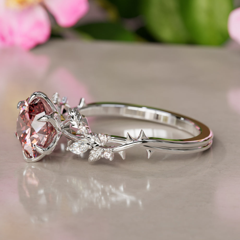 Rosewood Round Pink Lab Diamond Engagement Flower Ring Nature Inspired By Valley Rose