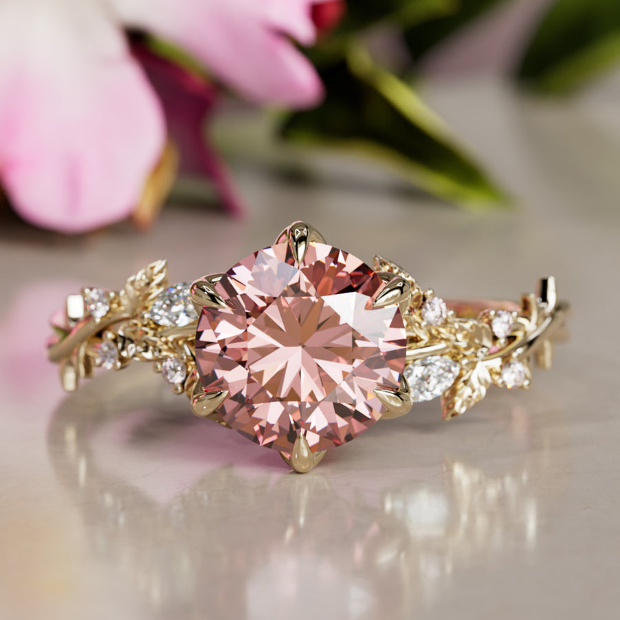 Rosewood Round Pink Lab Diamond Engagement Flower Ring Nature Inspired By Valley Rose