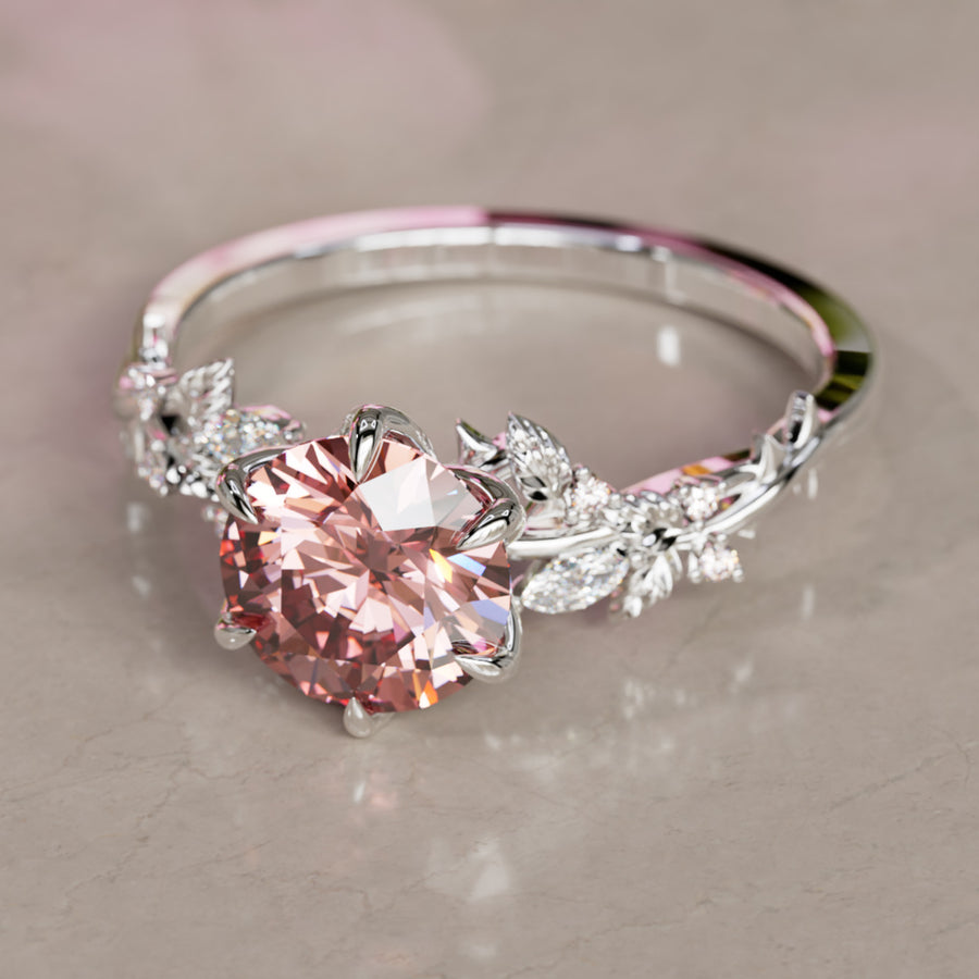 Rosewood Round Pink Lab Diamond Engagement Flower Ring Nature Inspired By Valley Rose