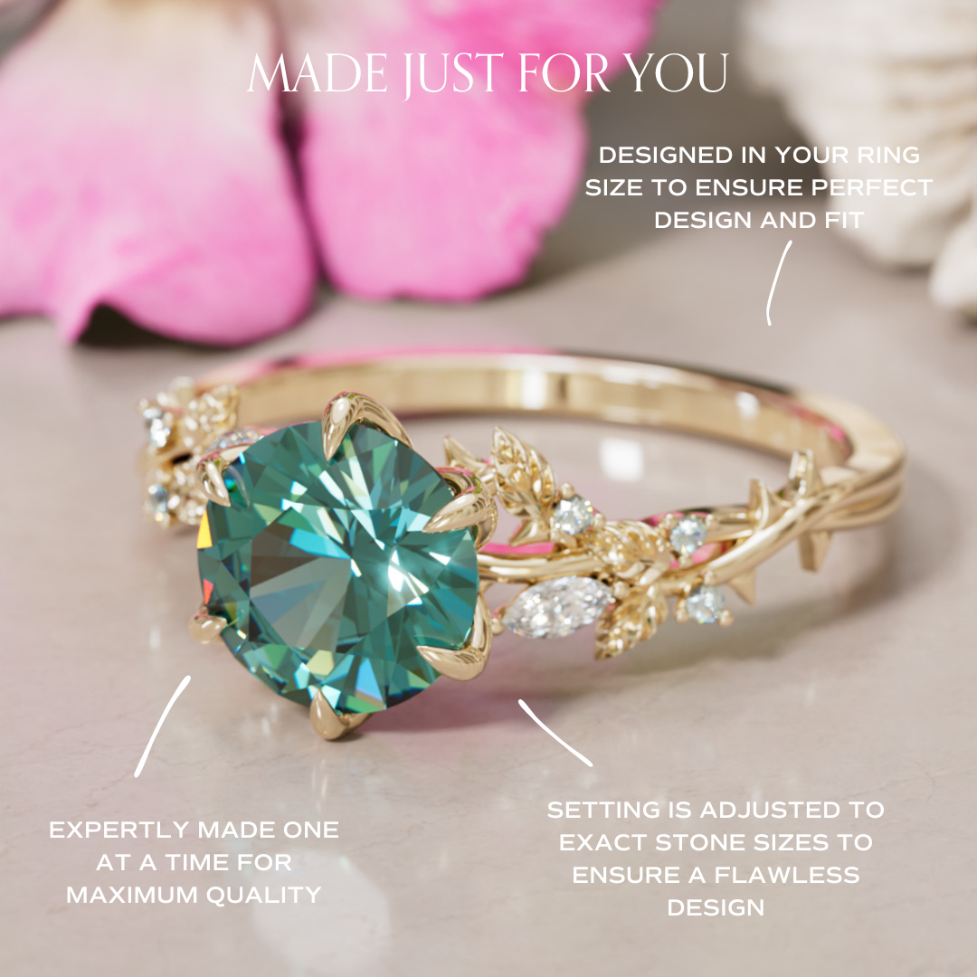 Rosewood Round Teal Sapphire Engagement Flower Ring Nature Inspired By Valley Rose