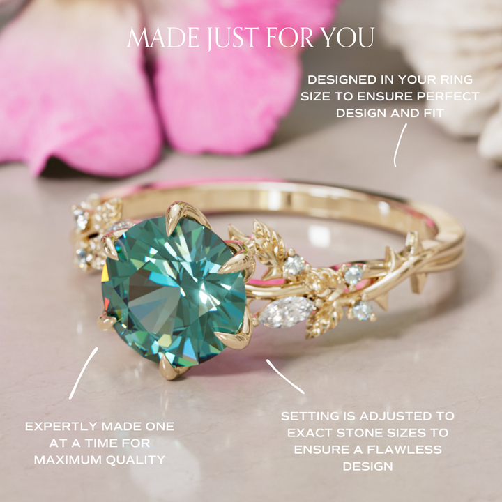 Rosewood Round Teal Sapphire Engagement Flower Ring Nature Inspired By Valley Rose