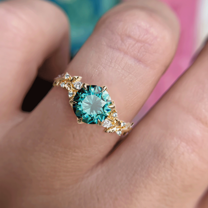 Rosewood Round Teal Sapphire Engagement Flower Ring Nature Inspired By Valley Rose