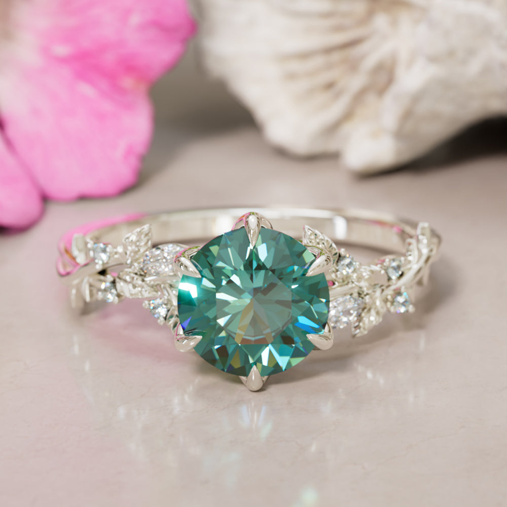 Rosewood Round Teal Sapphire Engagement Flower Ring Nature Inspired By Valley Rose
