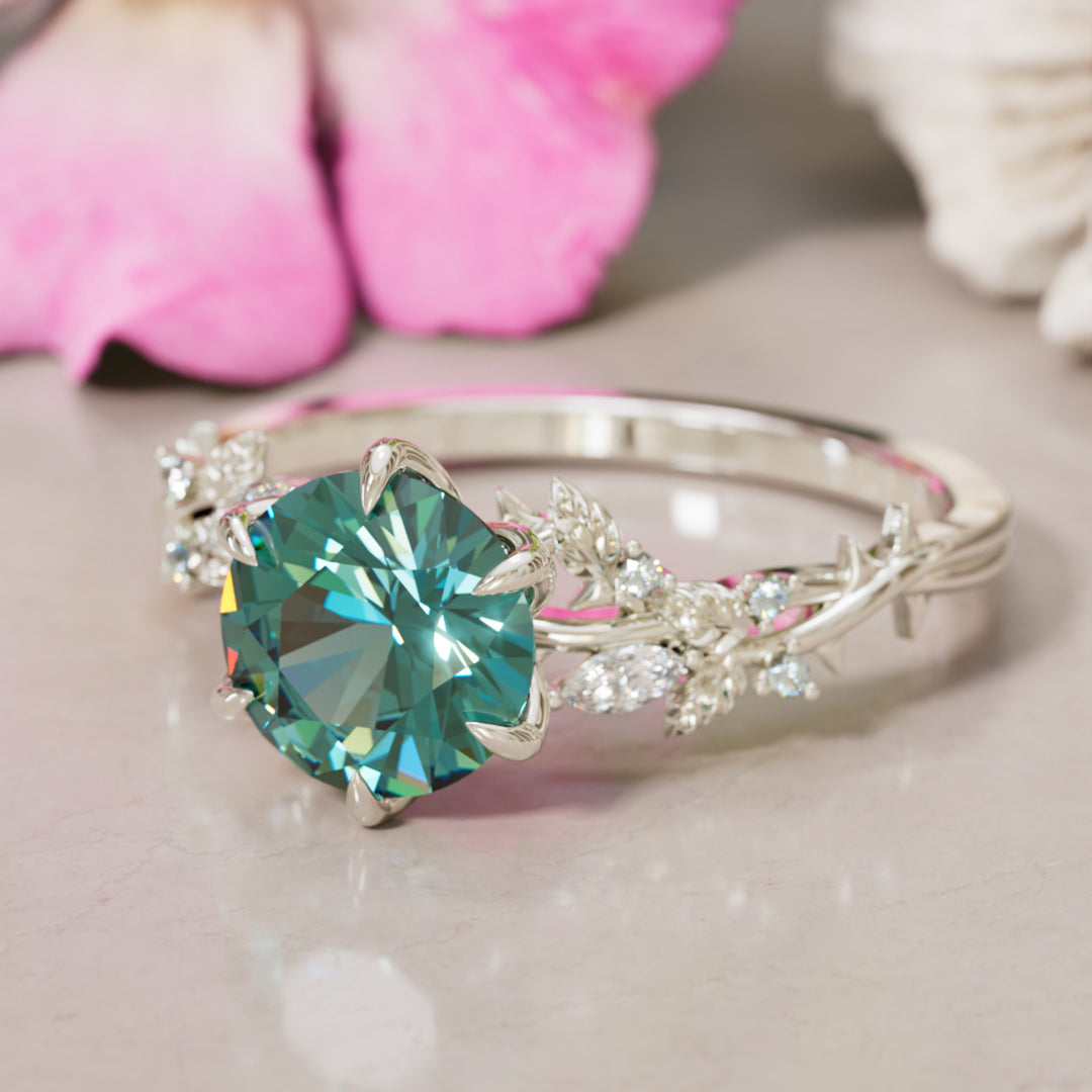 Rosewood Round Teal Sapphire Engagement Flower Ring Nature Inspired By Valley Rose