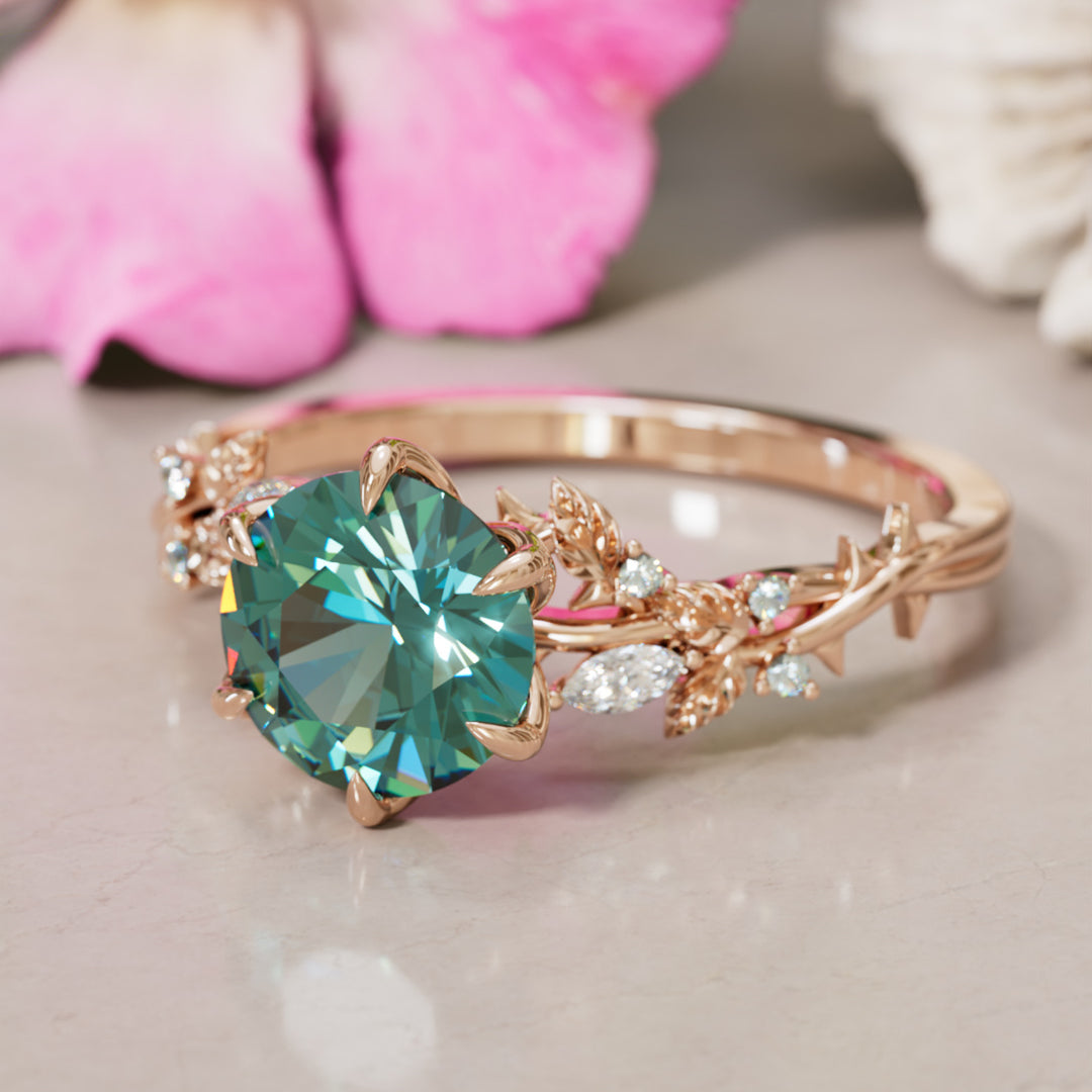 Rosewood Round Teal Sapphire Engagement Flower Ring Nature Inspired By Valley Rose