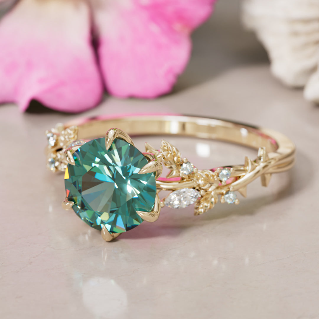 Rosewood Round Teal Sapphire Engagement Flower Ring Nature Inspired By Valley Rose