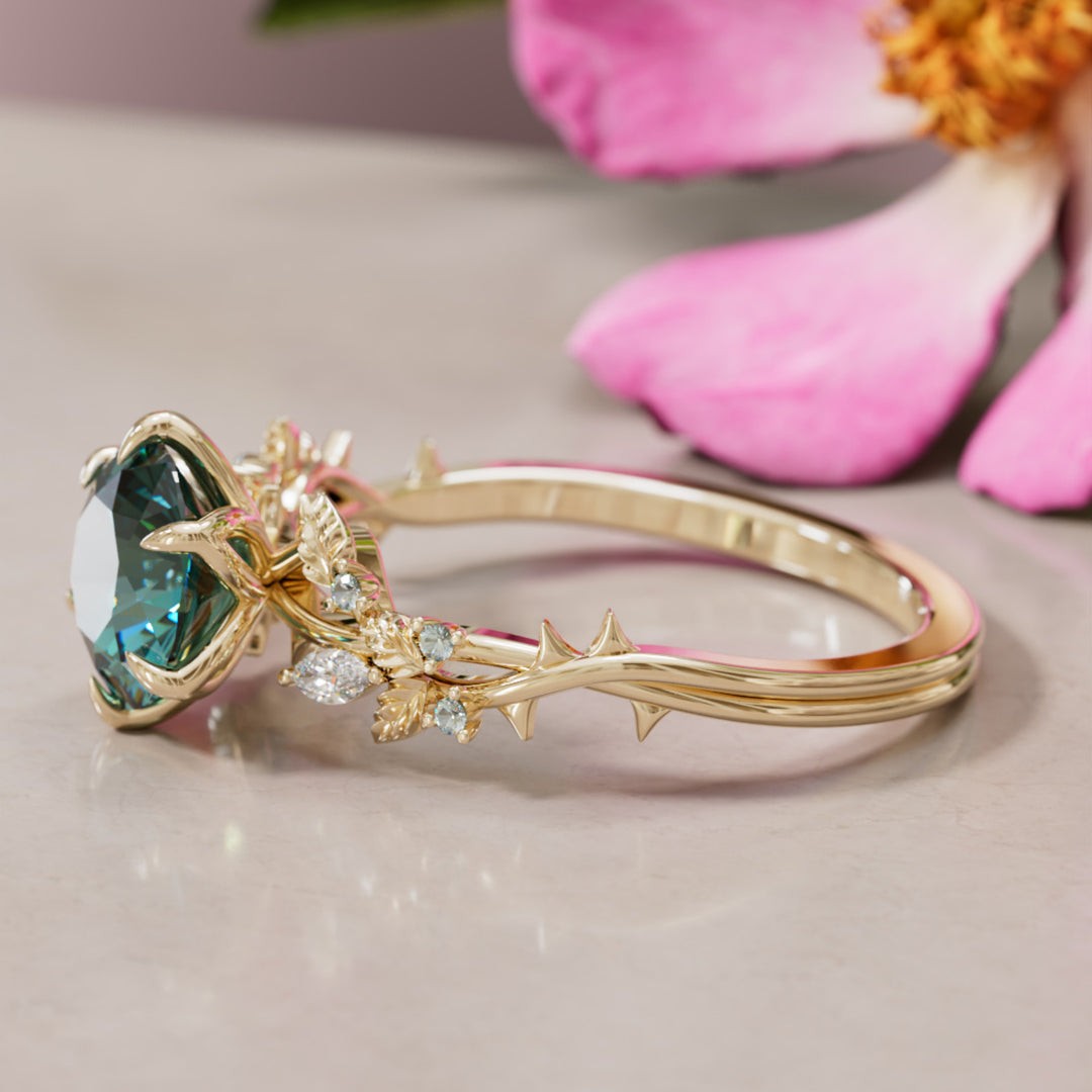 Rosewood Round Teal Sapphire Engagement Flower Ring Nature Inspired By Valley Rose