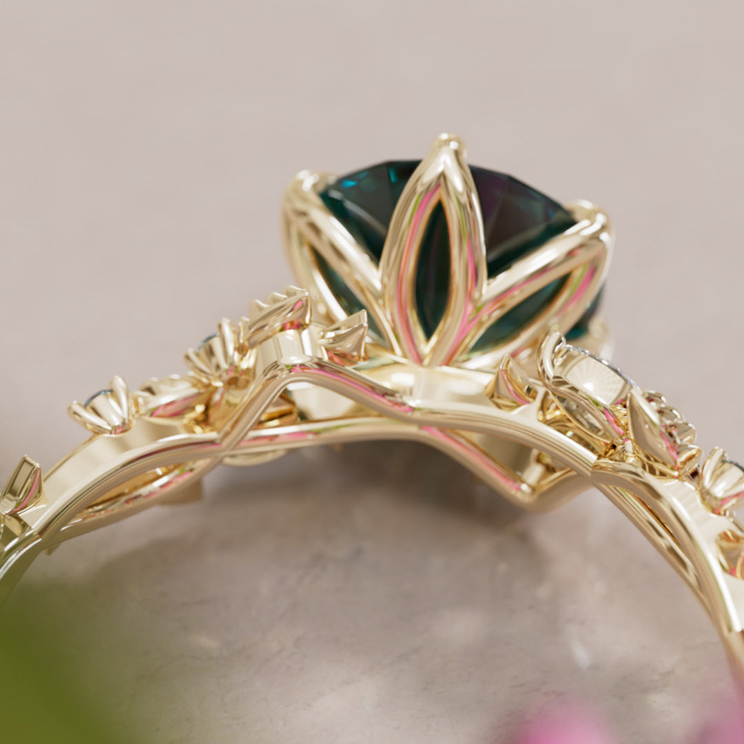 Rosewood Round Teal Sapphire Engagement Flower Ring Nature Inspired By Valley Rose