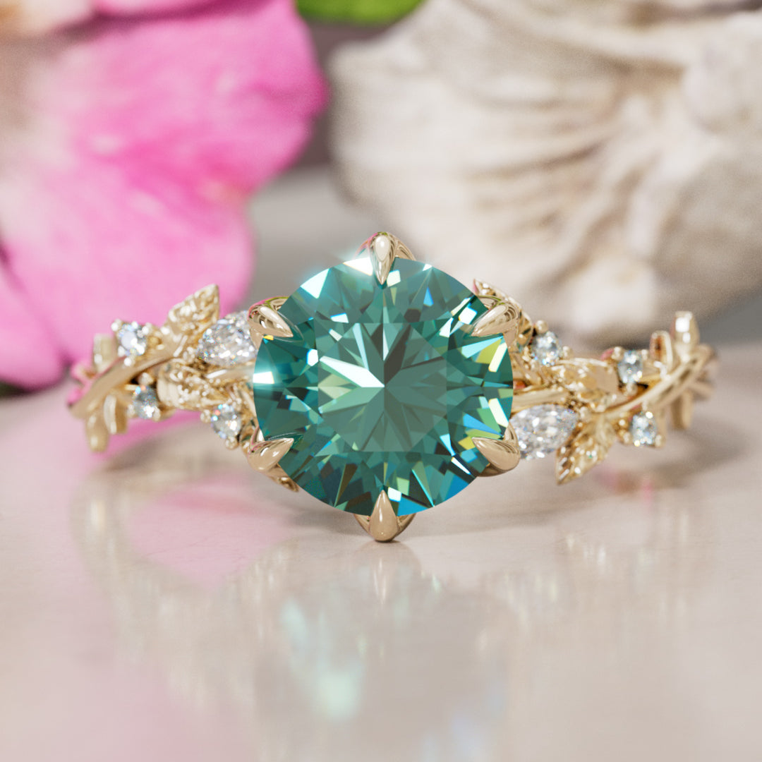 Rosewood Round Teal Sapphire Engagement Flower Ring Nature Inspired By Valley Rose