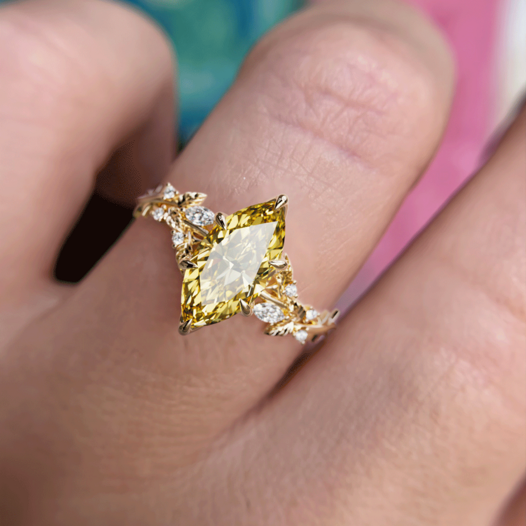 Bague de fiançailles fleur en diamant jaune lab Marquise en bois de rose inspirée par la nature (monture seulement)
