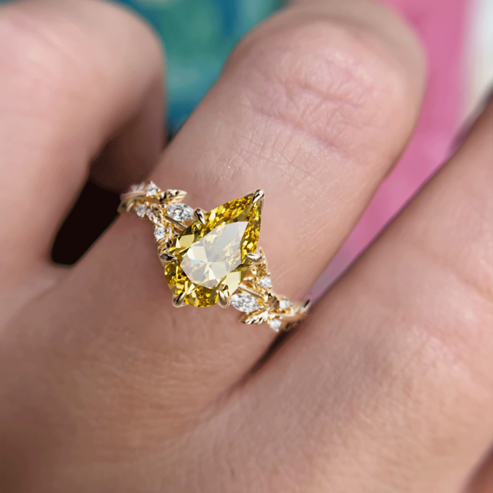 Rosewood Pear Yellow Lab Diamond Engagement Flower Ring Nature Inspired (Setting Only)