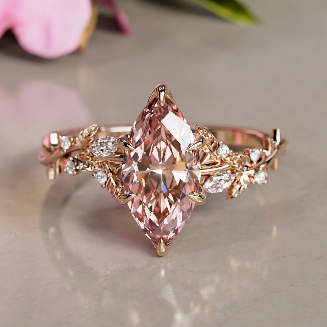 Rosewood Marquise Pink Lab Diamond Engagement Flower Ring Nature Inspired