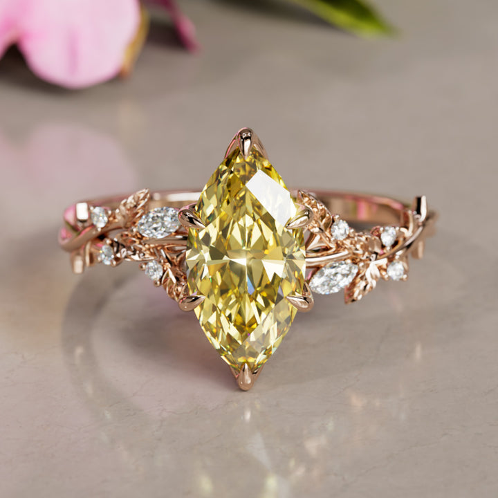 Bague de fiançailles fleur en diamant jaune lab Marquise en bois de rose inspirée par la nature (monture seulement)