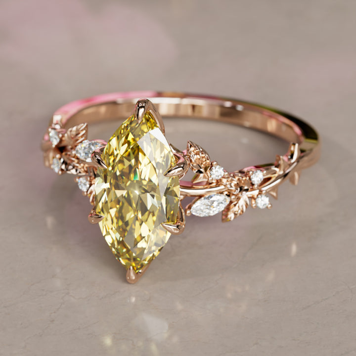 Bague de fiançailles fleur en diamant jaune lab Marquise en bois de rose inspirée par la nature (monture seulement)