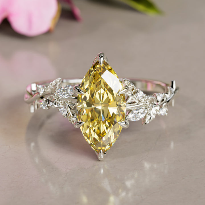 Bague de fiançailles fleur en diamant jaune lab Marquise en bois de rose inspirée par la nature (monture seulement)
