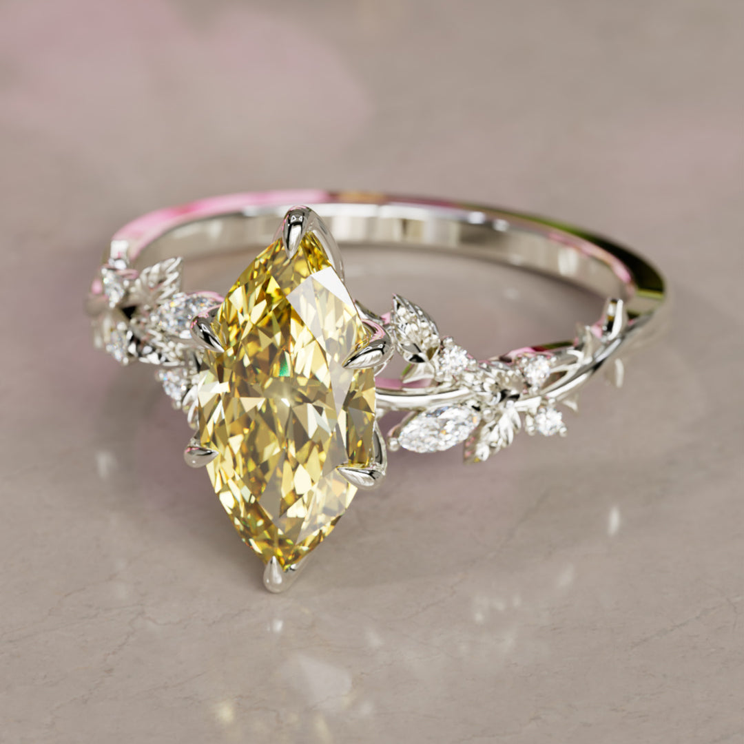Bague de fiançailles fleur en diamant jaune lab Marquise en bois de rose inspirée par la nature (monture seulement)