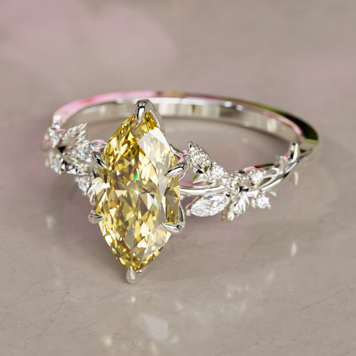 Bague de fiançailles fleur en diamant jaune lab Marquise en bois de rose inspirée par la nature (monture seulement)