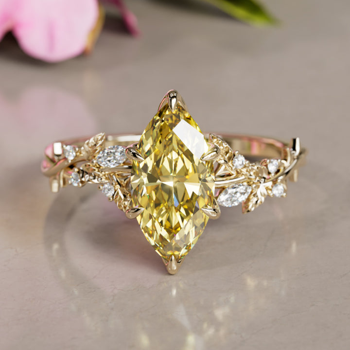 Bague de fiançailles fleur en diamant jaune lab Marquise en bois de rose inspirée par la nature (monture seulement)