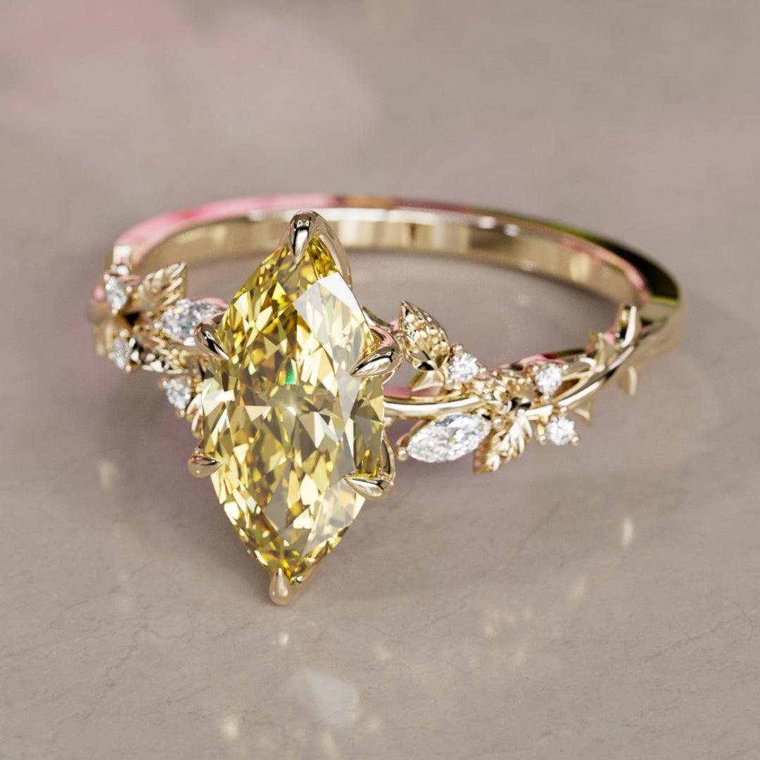 Bague de fiançailles fleur en diamant jaune lab Marquise en bois de rose inspirée par la nature (monture seulement)