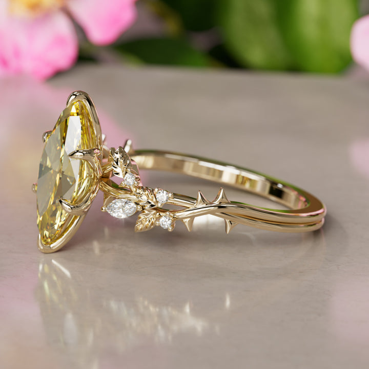 Bague de fiançailles fleur en diamant jaune lab Marquise en bois de rose inspirée par la nature (monture seulement)