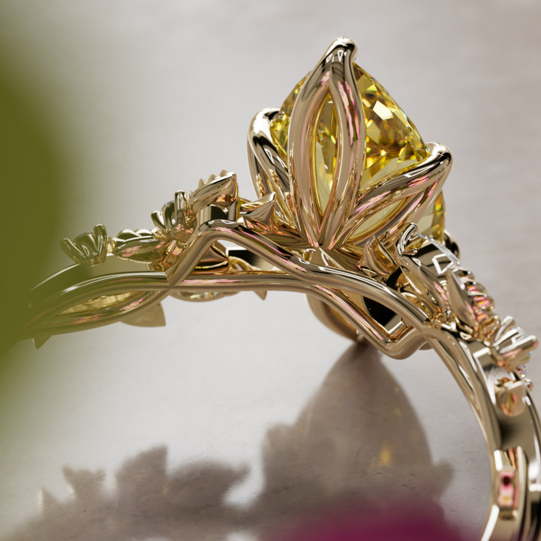 Bague de fiançailles fleur en diamant jaune lab Marquise en bois de rose inspirée par la nature (monture seulement)