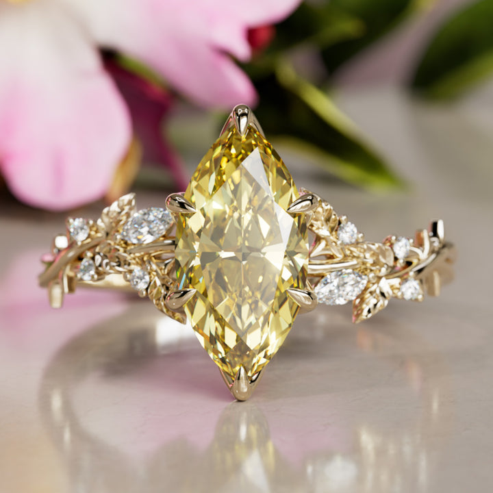 Bague de fiançailles fleur en diamant jaune lab Marquise en bois de rose inspirée par la nature (monture seulement)