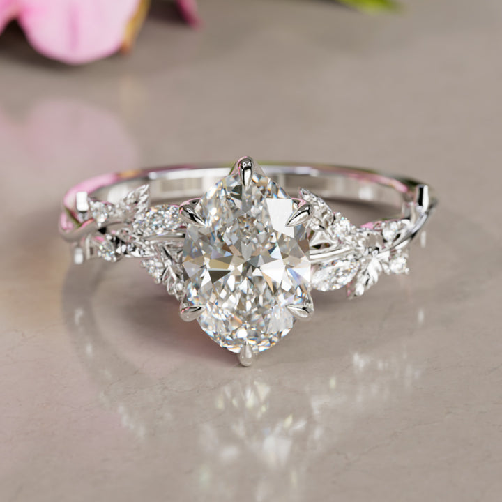 Rosewood Oval Diamond Engagement Flower Ring Nature Inspired