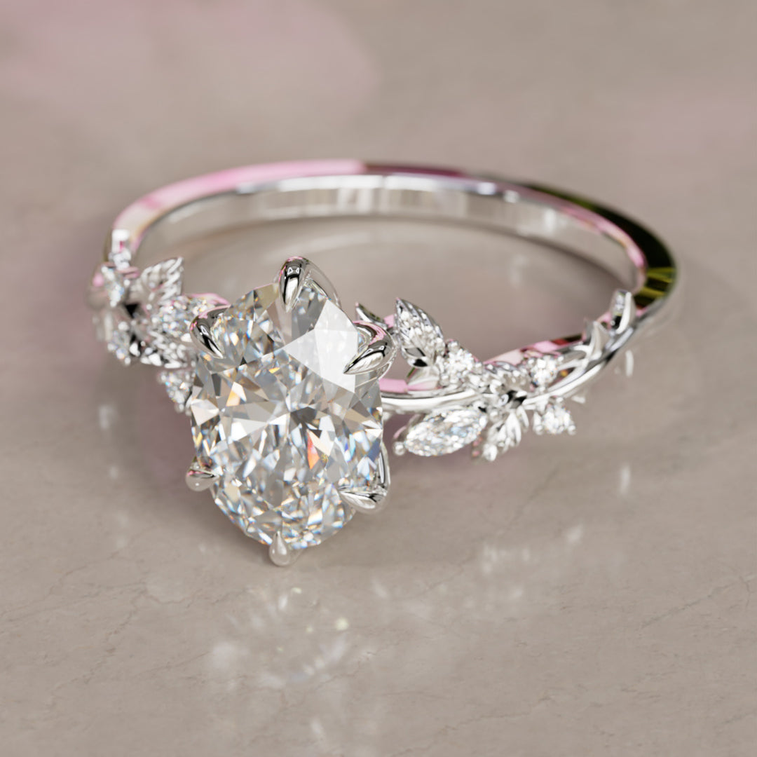 Rosewood Oval Diamond Engagement Flower Ring Nature Inspired