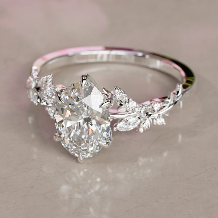 Rosewood Oval Diamond Engagement Flower Ring Nature Inspired