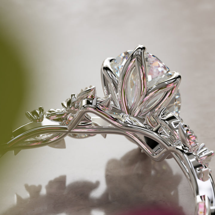 Rosewood Oval Diamond Engagement Flower Ring Nature Inspired