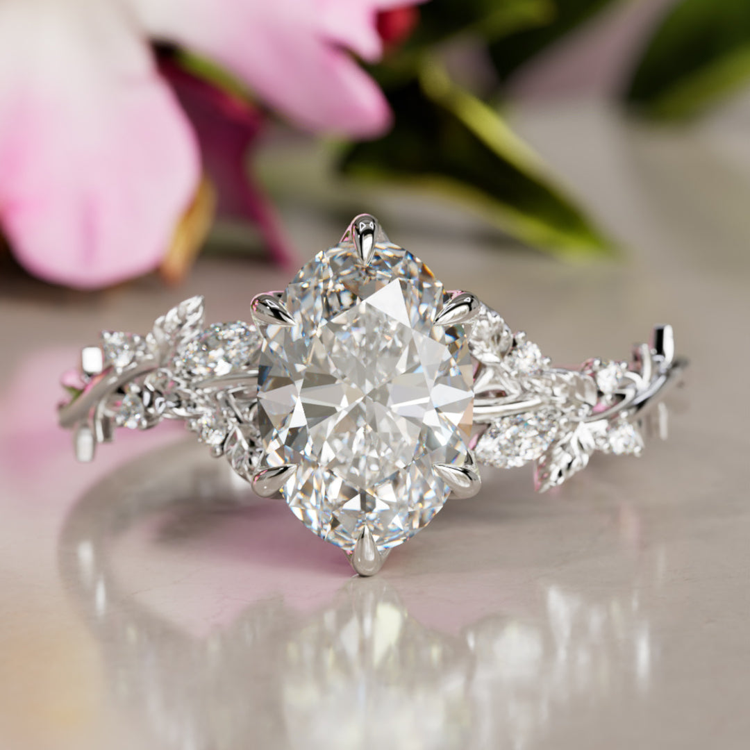 Rosewood Oval Diamond Engagement Flower Ring Nature Inspired