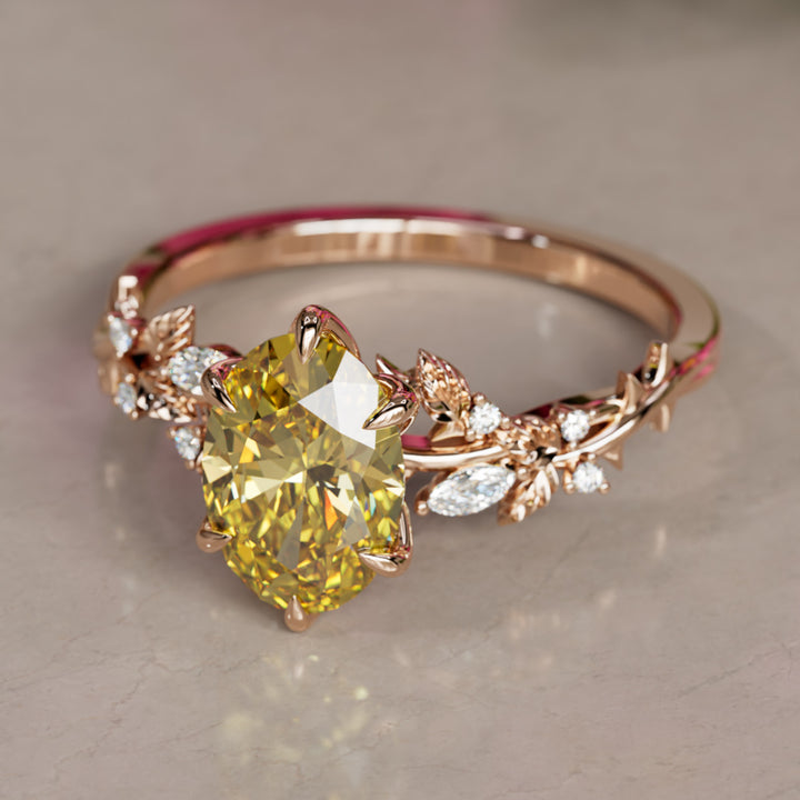 Rosewood oval gul lab diamant forlovelsesblomstring ring naturinspireret (kun indfatning)