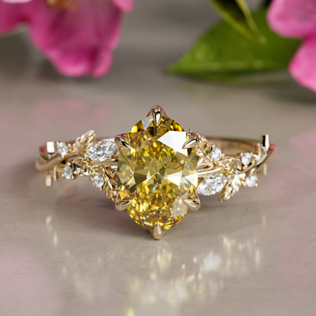 Anello di fidanzamento a fiore con diamante a forma di labradorite gialla ovale in legno di rosa ispirato alla natura (solo montatura)