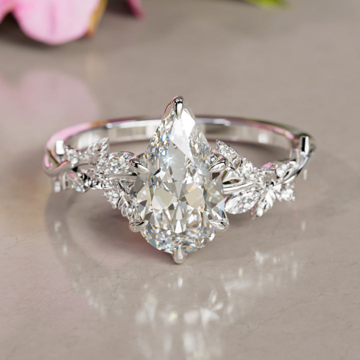 Rosewood Pear Diamond Engagement Flower Ring Nature Inspired