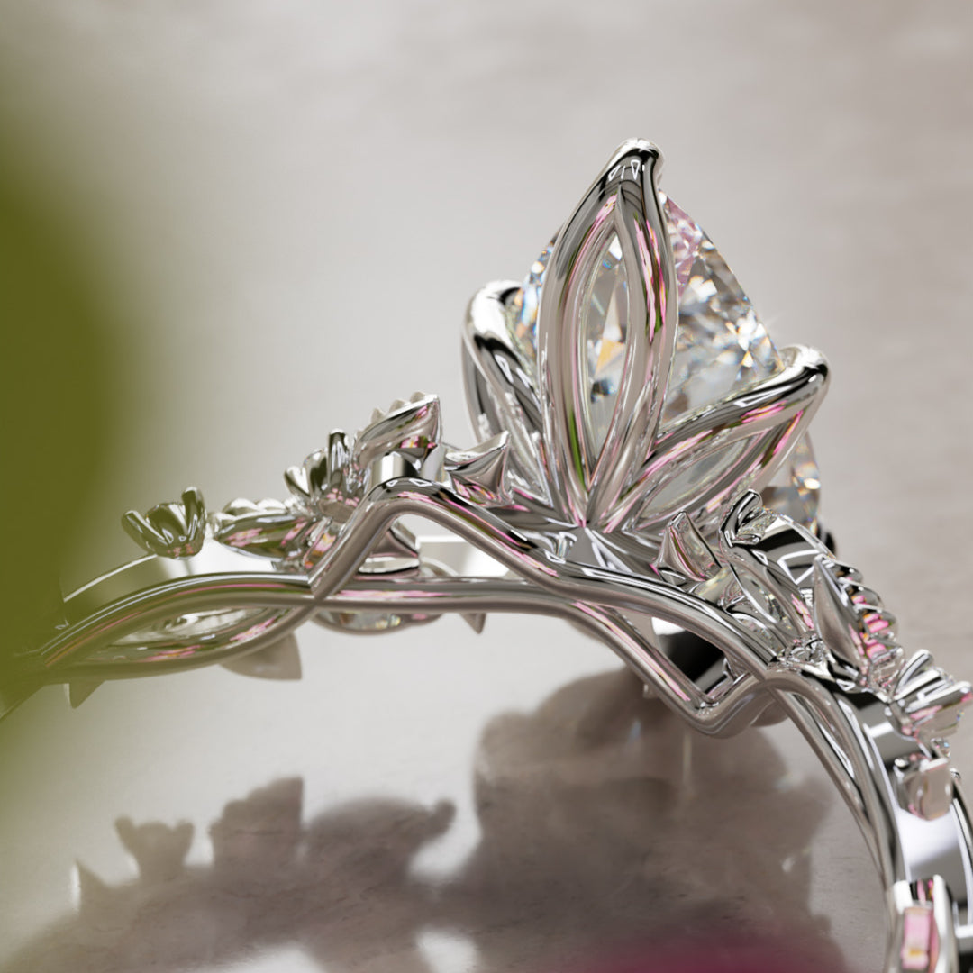 Rosewood Pear Diamond Engagement Flower Ring Nature Inspired
