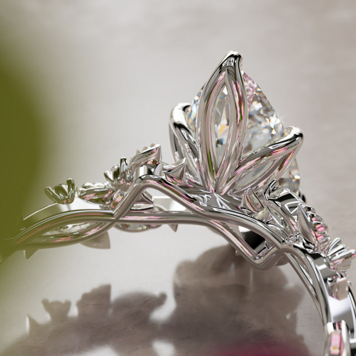Rosewood Pear Diamond Engagement Flower Ring Nature Inspired