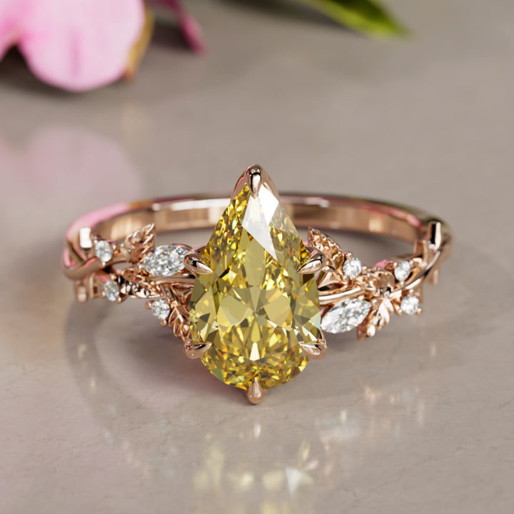Rosewood Pear Yellow Lab Diamond Engagement Flower Ring Nature Inspired (Setting Only)