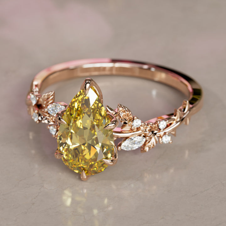 Rosewood Pear Yellow Lab Diamond Engagement Flower Ring Nature Inspired (Setting Only)