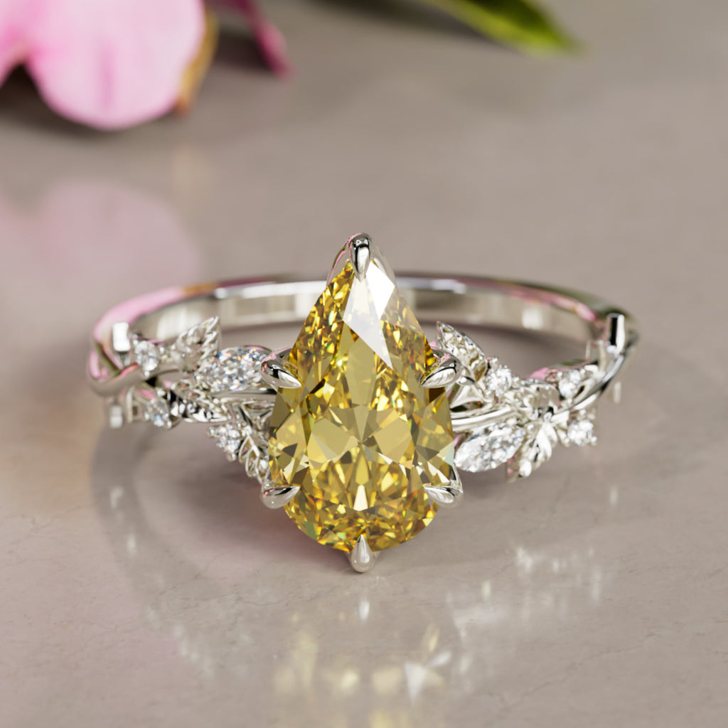 Rosewood Pear Yellow Lab Diamond Engagement Flower Ring Nature Inspired (Setting Only) By Valley Rose
