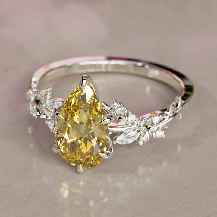 Rosewood Pear Yellow Lab Diamond Engagement Flower Ring Nature Inspired (Setting Only)