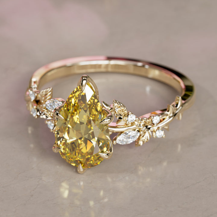 Rosewood Pear Yellow Lab Diamond Engagement Flower Ring Nature Inspired (Setting Only)