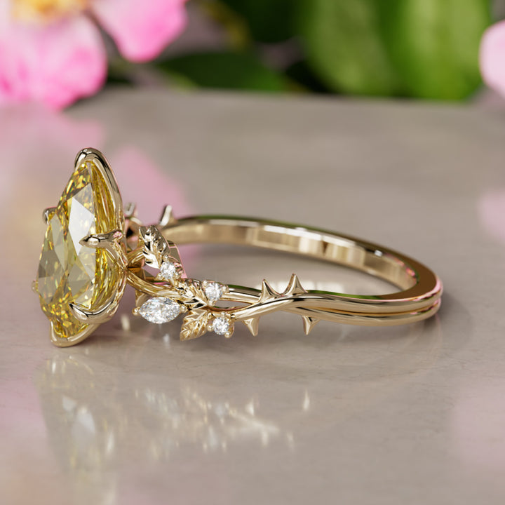Rosewood Pear Yellow Lab Diamond Engagement Flower Ring Nature Inspired (Setting Only)