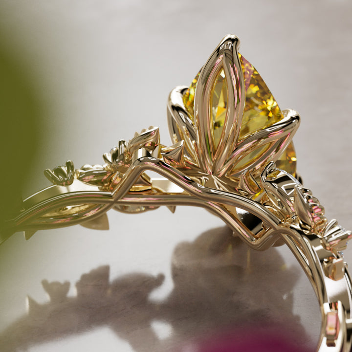 Rosewood Pear Yellow Lab Diamond Engagement Flower Ring Nature Inspired (Setting Only)