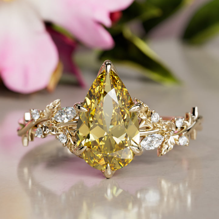 Rosewood Pear Yellow Lab Diamond Engagement Flower Ring Nature Inspired (Setting Only)