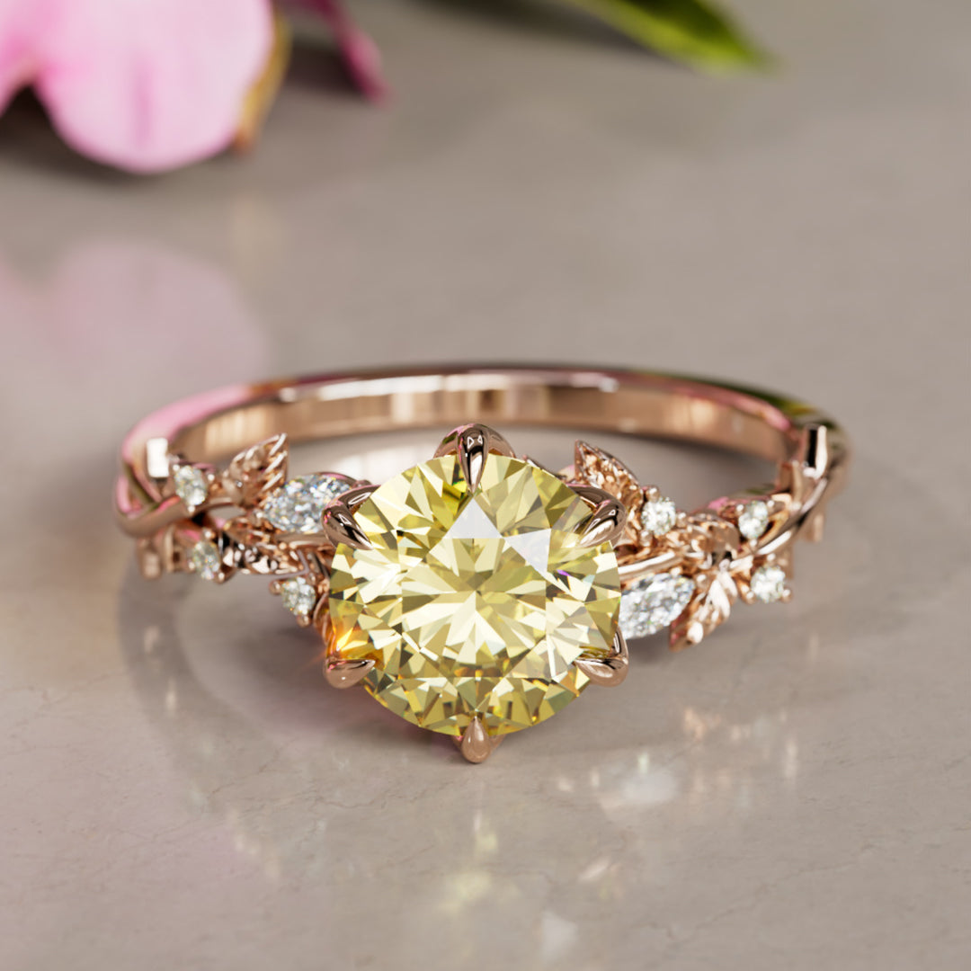 Rosewood Round Yellow Lab Diamond Engagement Flower Ring Nature Inspired (Setting Only)