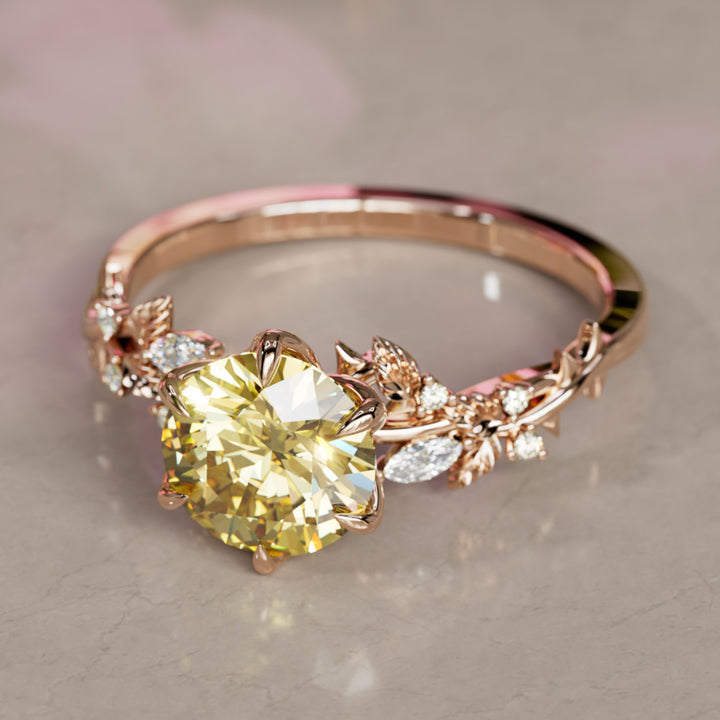 Rosewood Round Yellow Lab Diamond Engagement Flower Ring Nature Inspired (Setting Only)