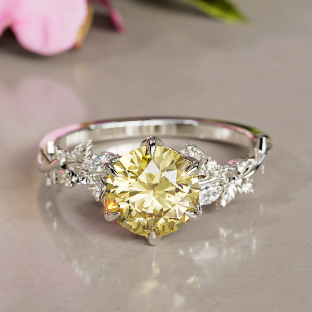 Rosewood Round Yellow Lab Diamond Engagement Flower Ring Nature Inspired (Setting Only)