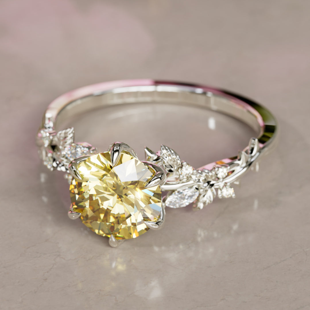 Rosewood Round Yellow Lab Diamond Engagement Flower Ring Nature Inspired (Setting Only)